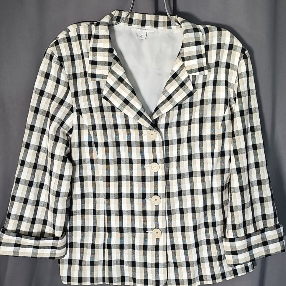 Dress barn black white tan plaid blazer Size XL Large Button up Women's I7